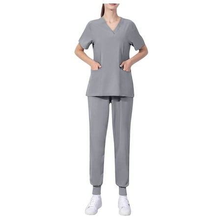 

Sksloeg Scrub Set Women Classic Fit 2 Pockets Four-Way Stretch Anti-Wrinkle V-Neck Women s Scrub Top Gray XL