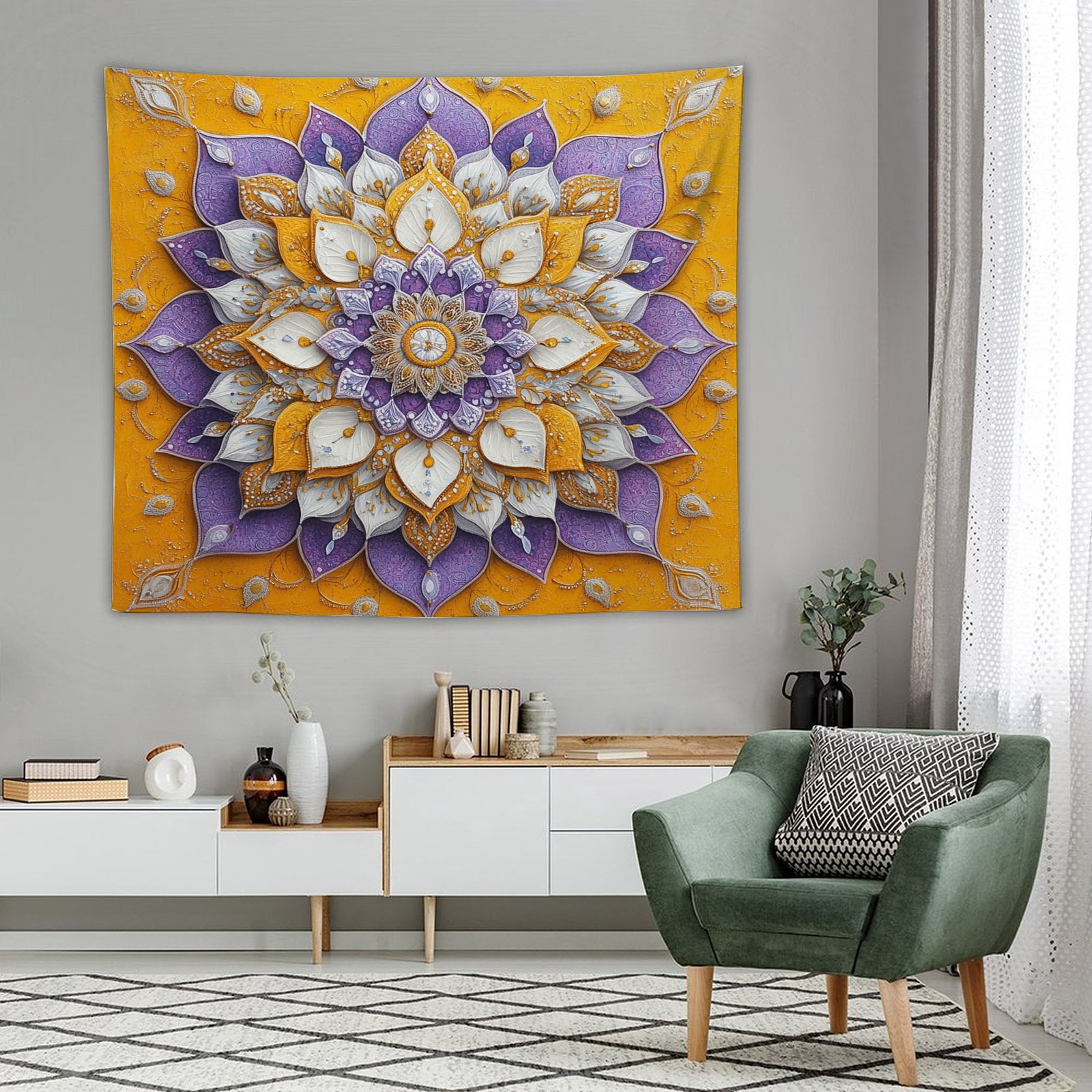 Printed Mandala Lotus Tapestry Wall Hanging – Boho Wall Art Decor for Bedroom, Living Room, and Apartment