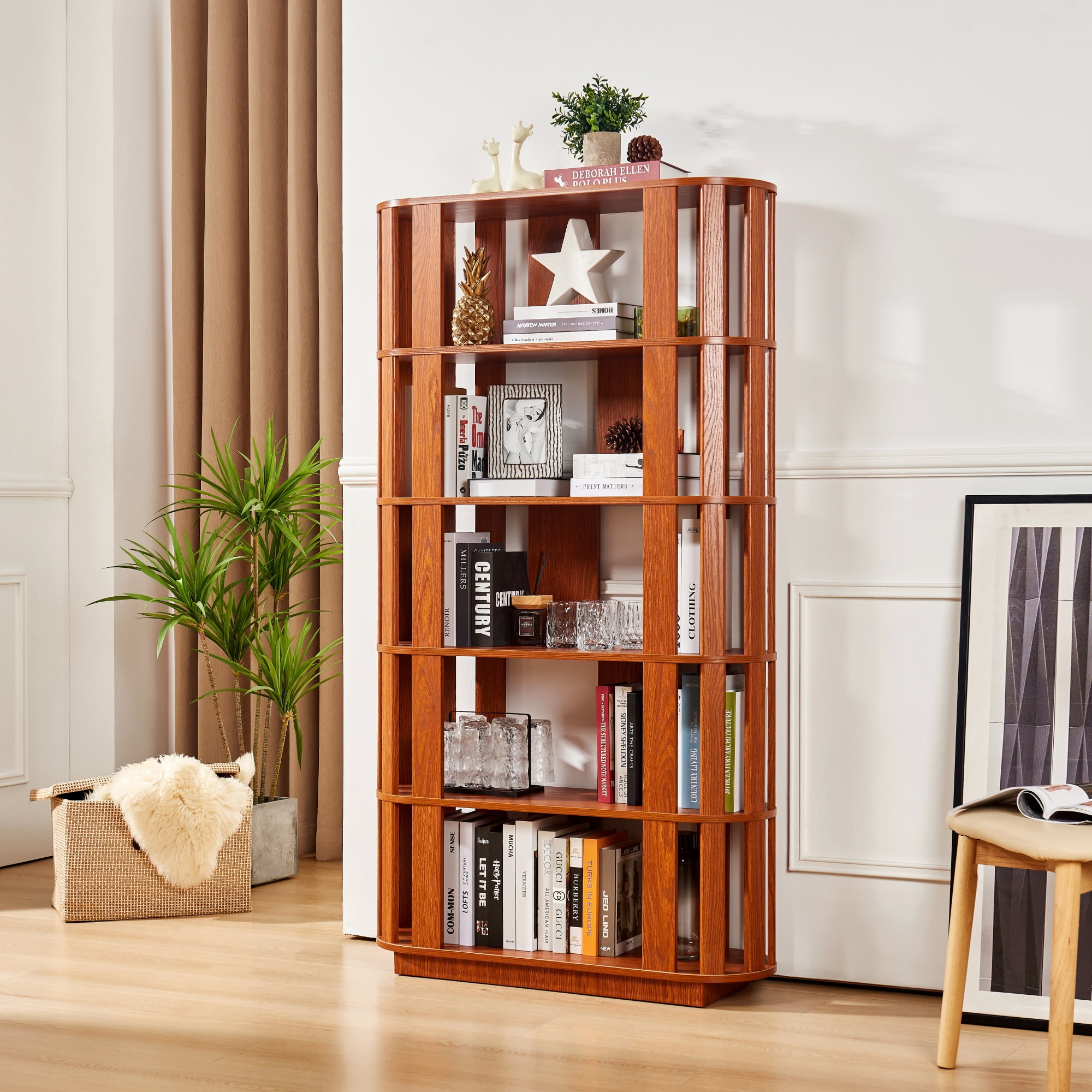 Leumius Wooden Oval Open Bookshelf, 5-Tier Freestanding Bookcases,Easy Assembly DIY Free Combination Storage Cabinet Storage Display Rack for Living Room Home Office Decor,Dark Oak