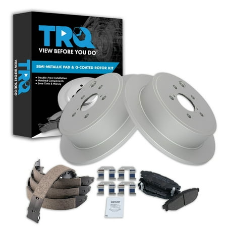 TRQ Rear Brake Pad & Rotor Kit Brake Pads Brake Rotor Parking Brake Shoe Set Semi-Metallic Premium G-Coated Fits Select 2013-2015 Subaru BRZ 2013-2014 Legacy Outback