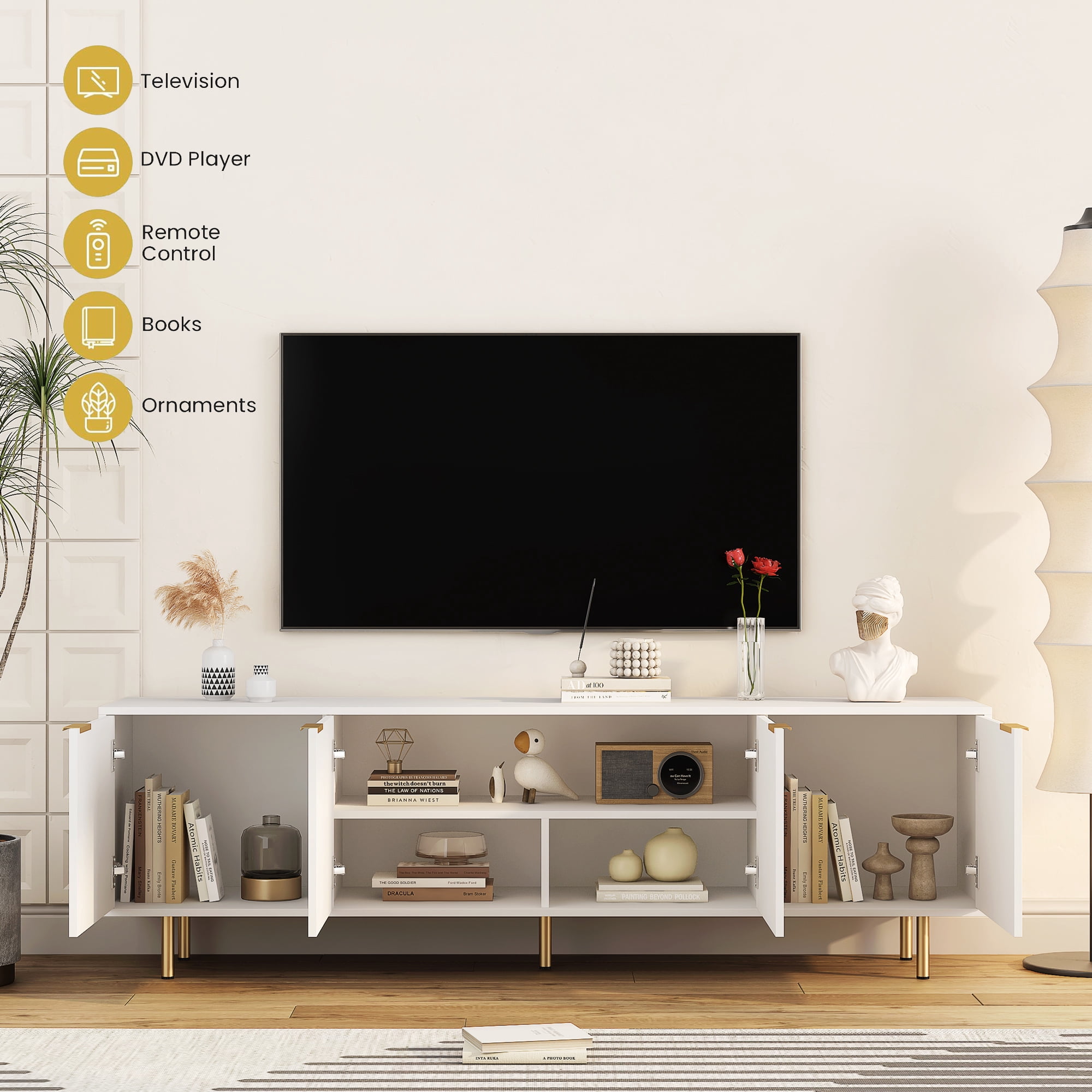 HIUU White Modern Fluted TV Stands for Living Room, Entertainment Center with 4 Doors Cabinet Storage,Console Table Metal Adjustable Legs for 65''TV