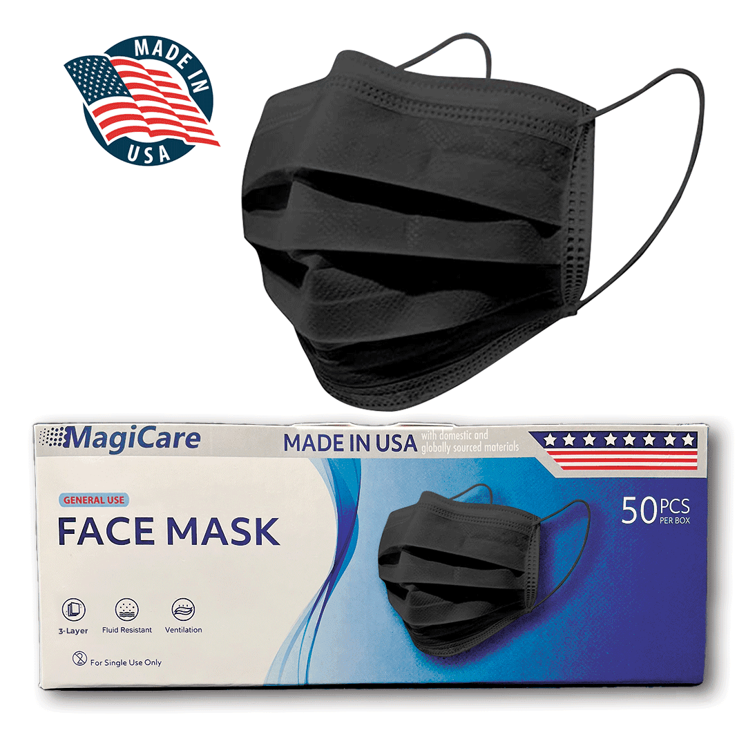 MagiCare Made in USA Black Face Masks 3 Layers of Protection Face Mask for Adults 50ct Box