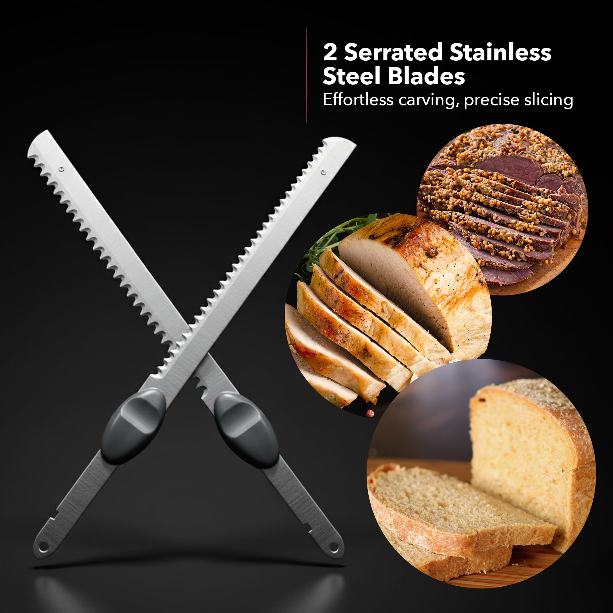 OVENTE Electric Knife Set with Two Serrated Stainless Steel Blades, Carving Fork, Storage Case, Safety Lock Button and Ergonomic Handle for Slicing Meat, Bread, Poultry, Fish and More, Black EK0813B