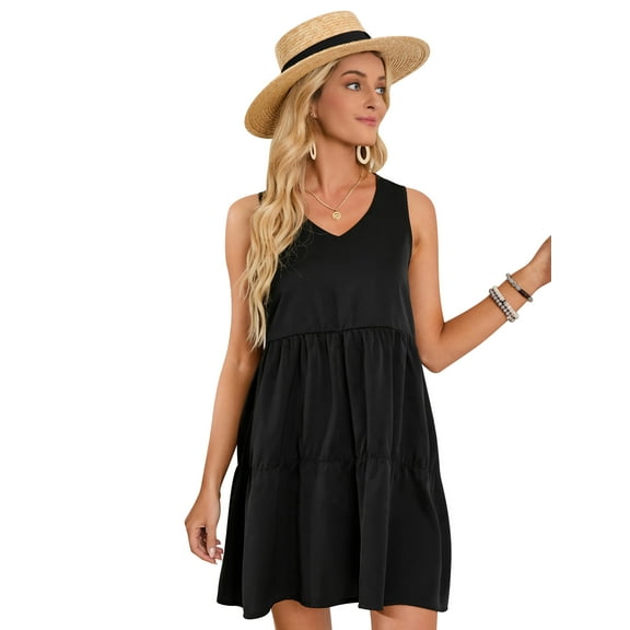 KingShop Women's V-Neck Tank Dress Loose Casual Short Sleeve Summer Tunic Short Flowy Swing Dress