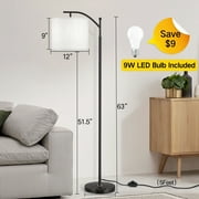 OUTON 63 Arc Floor Lamp for Living Room, Modern Standing Lamp with Hanging Linen Shade, Metal Floor Lamp with 3 Color Temperatures LED Bulb for Bedroom(Black)