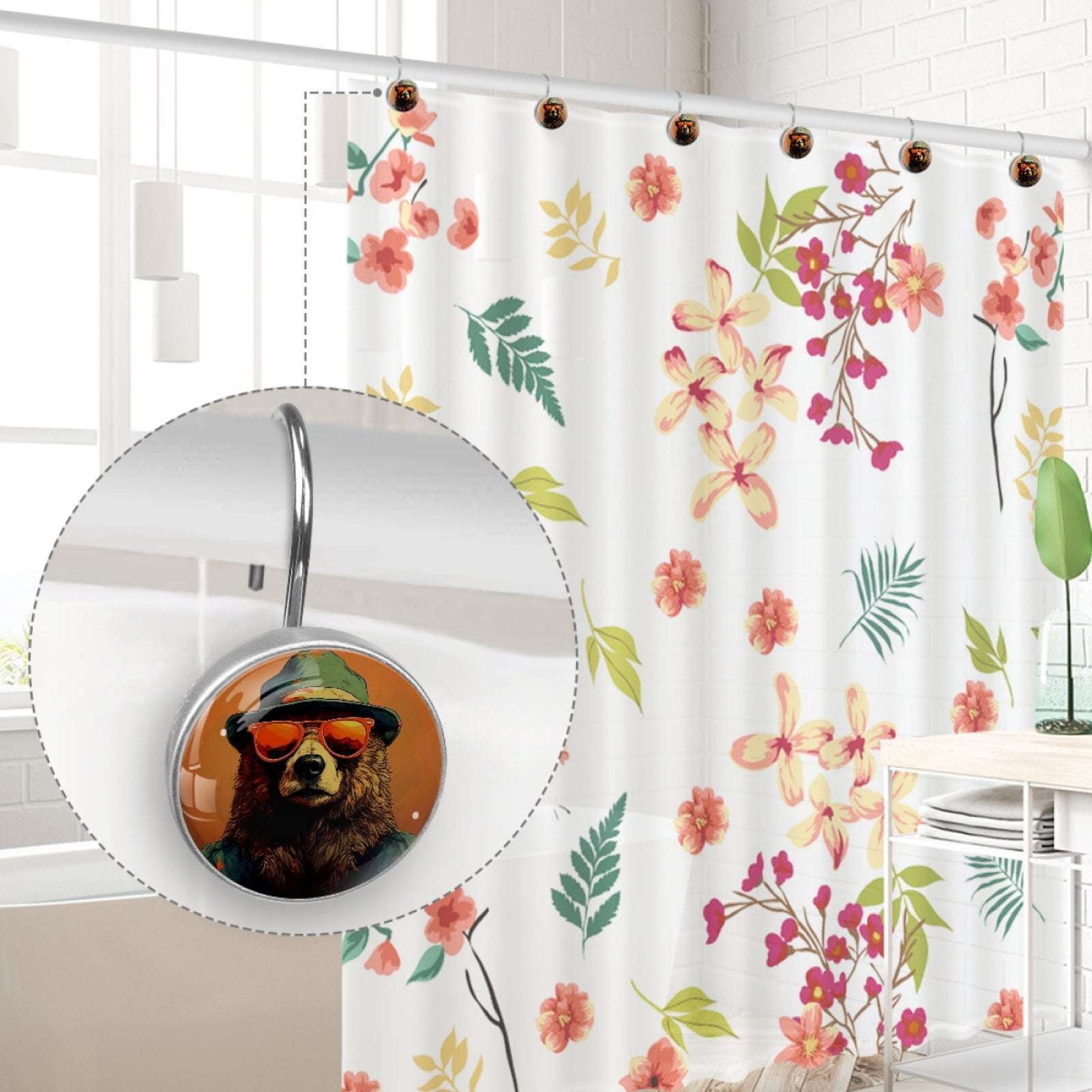 HemaKayy 12 Pcs Decorative Shower Curtain Hooks - Stainless Steel Rings for Bathroom Decor - Easy Glide & Secure Hold - Perfect Decoration for Bathroom Shower Rods - Animal Bear
