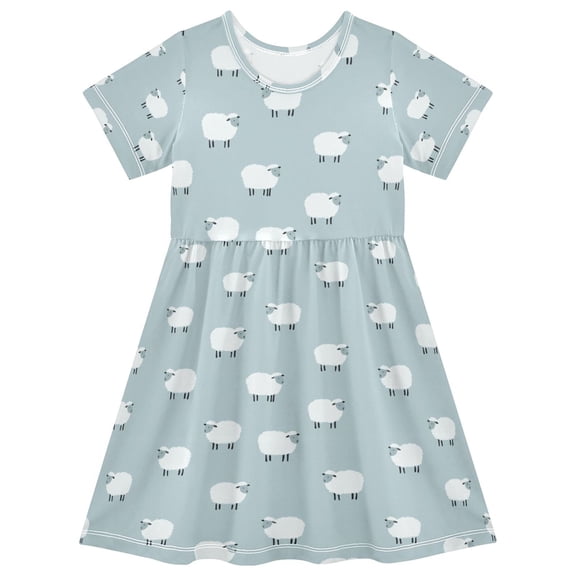 FORMRS Girls Short Sleeve Dress Summer Casual Round Neck A-line Beach Sundress, Sizes 2T-8T, Simple Sheep Pattern
