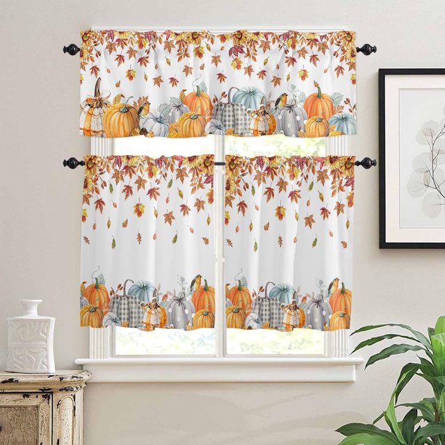 Fall Pumpkin Kitchen Window Tier Curtains and Valance 3 Pieces Set Farmhouse Sunflower Maple Leaves Window Valances Rod Pocket Panels Privacy Thanksgiving Cafe Tiers Short Window Treatment