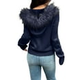 thumbnail image 4 of Women'S Zip Up Cardigan Sweater Cable Faux Fur Hoodies Long Sleeve Jacket Knit Outfits Y2K Navy Blue L, 4 of 9
