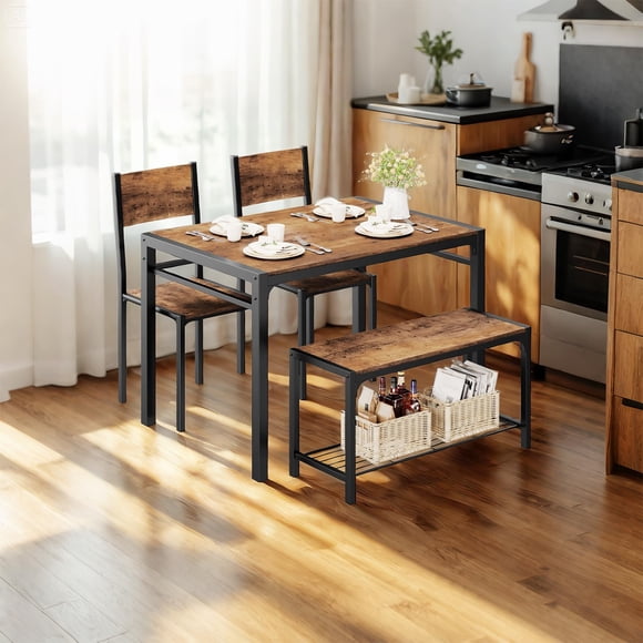 Conjunto de Comedor para 4-5 Personas, Compuesto por Dos Sillas de Comedor y un Banco. Adecuado para Comedores, Cocinas y Cafeterías, 110 × 70 × 75 cm (Marrón)