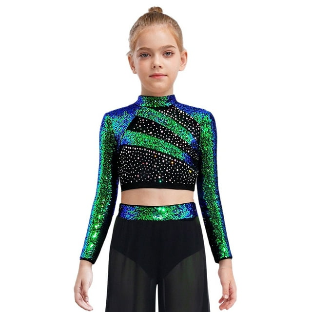 renvena Girls Long Sleeve Lyrical Dance Crop Top Sequins Backless Rhinestones Press Button Jazz Hip Green 10