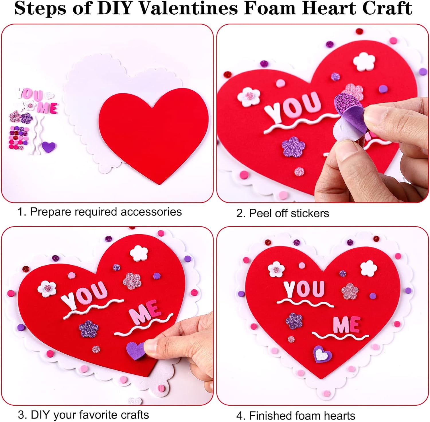 Valentines Hearts Foam Craft Set Include Colorful Hearts Foam and Self-Adhesive Heart Foam Stickers for Valentine's Day Craft DIY Supplies, Red