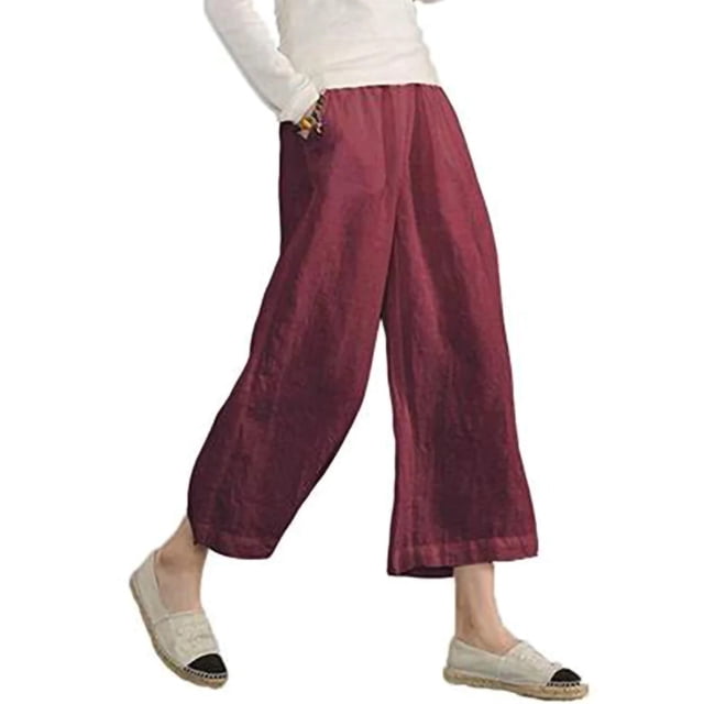 Luxur Pantalon Palazzo Large Taille Haute pour Femmes avec Poches, Rouge Vin, Taille L