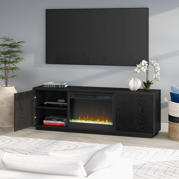 Hanson Rectangular TV Stand with 26" Crystal Fireplace for TV's up to 75" in Black Grain