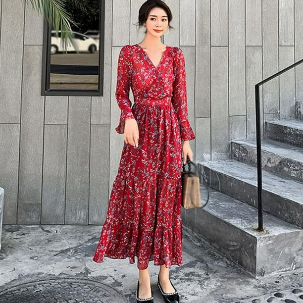 Pretty Comy Floral V Neck One Piece Dress Spring Autumn Winter Dress Long Sleeve Ladies High Waist Dress Walmart Com Walmart Com