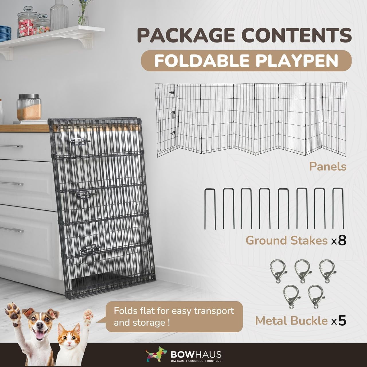 CAPHAUS 36 Inch Height Large Bold Metal Foldable Heavy-Duty Pet Playpen with Door, 8 Panels Included, Indoor/ Outdoor Portable Kennel for Dogs/ Animals, Exercise Fence Cage for Yard, RV, Camping