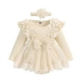 thumbnail image 1 of Rhoudy Combinaison de Printemps pour Filles, Col Rond, Manches Longues, Barboteuse Florale, Grenouillère en Dentelle, Robe, Ensemble avec Bandeaux, Beige, 0-3 Mois, 1 of 7