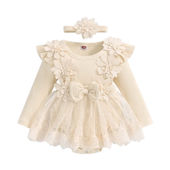 LIUJUNSHOP Baby Girl Romper Dress Baby Dress Romper Flowers Lace Fall Winter Clothes with Headband Beige 3-6 Months