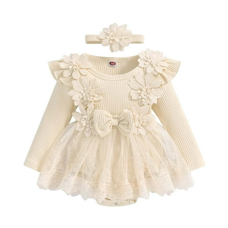 

ZMHEGW Girls Long Sleeve Floral Romper Lace Bodysuits Dress Headbands Set Comfort Sports Baby s Jumpsuit