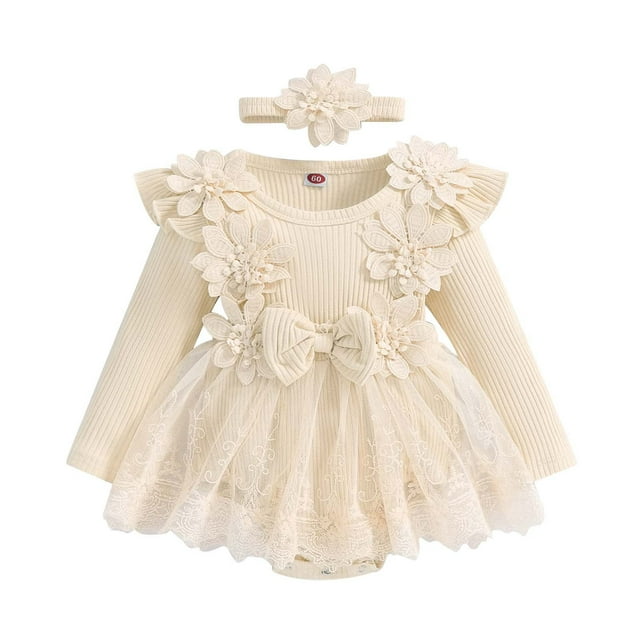 MIASHUI Baby Clothes Girls Long Sleeve Floral Romper Lace Bodysuits Dress Headbands Set,Beige,12-18 Months