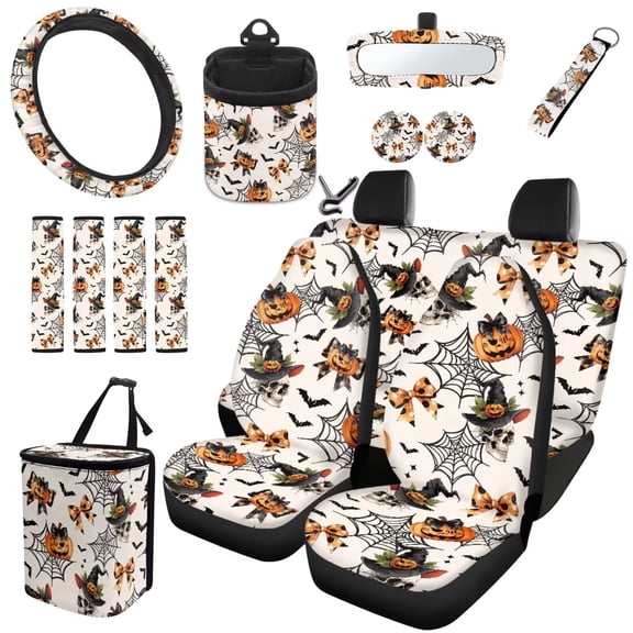 Qpednta 15Pcs Pumpkin Ghost Auto Interior Seat Covers Full Set, Steering Wheel Cover, Seatbelt Pads, Garbage Bin, Cup Coasters, Storage Pouch, Easy to Install, Universal Fits Suvs Trucks