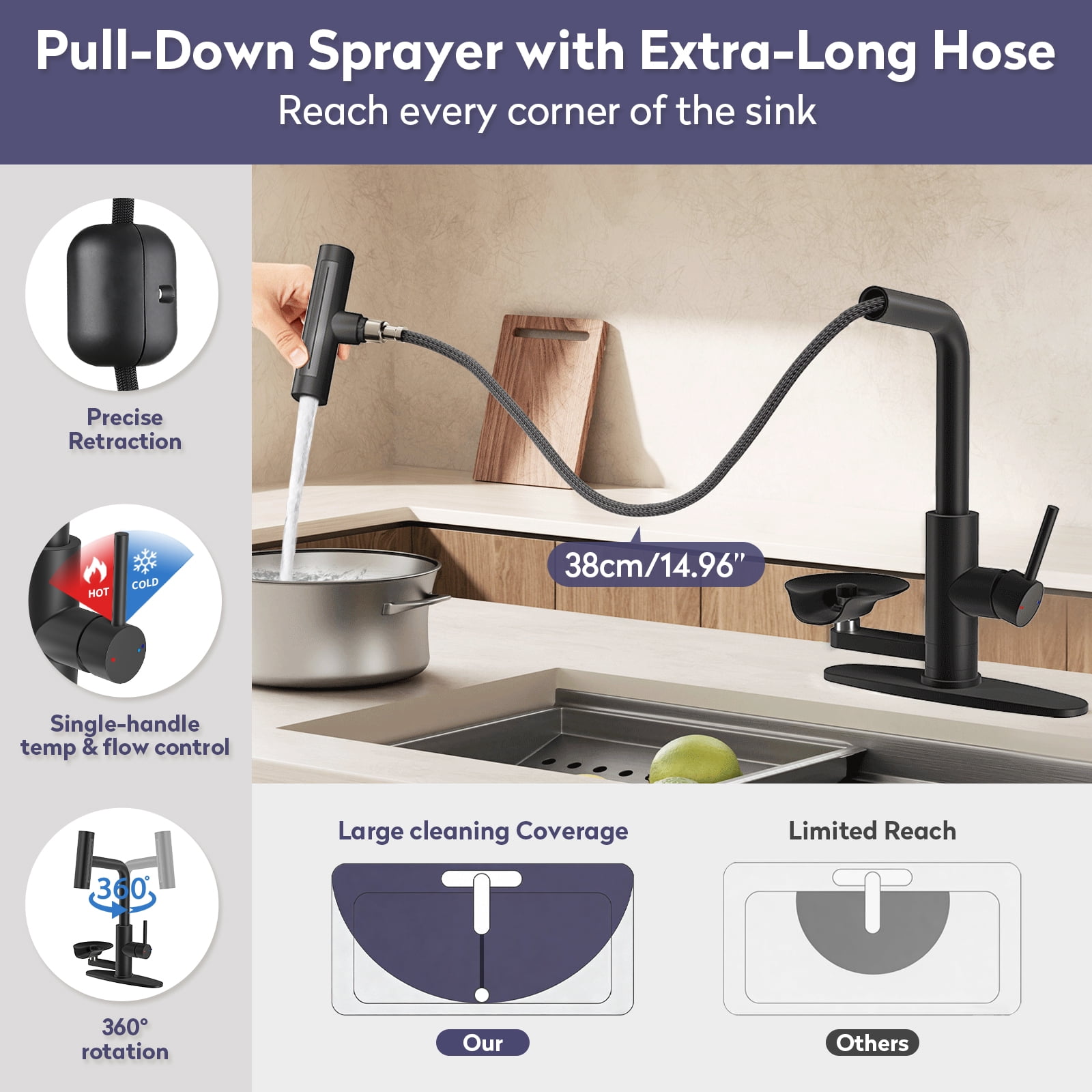 KAIYING Pull Down Kitchen Faucet with Integrated Glass Rinser and Waterfall Mode, Mate Black