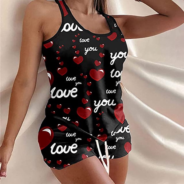 Mikilon Ensemble de Pyjama pour Femmes Imprimé Amour de la Saint-Valentin Taille Élastique Short