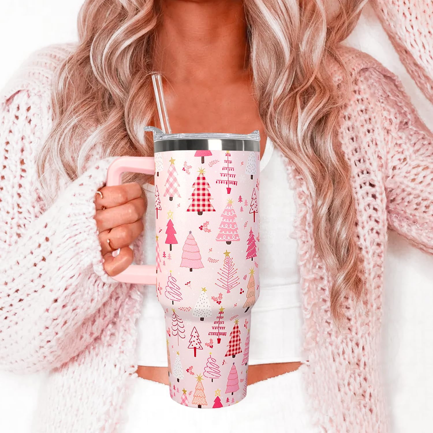 40 Oz Pink Christmas Tree Tumbler With Handle,Christmas Tree Coffee Travel Mug Cup,Christmas Decor,Christmas Gifts for Women