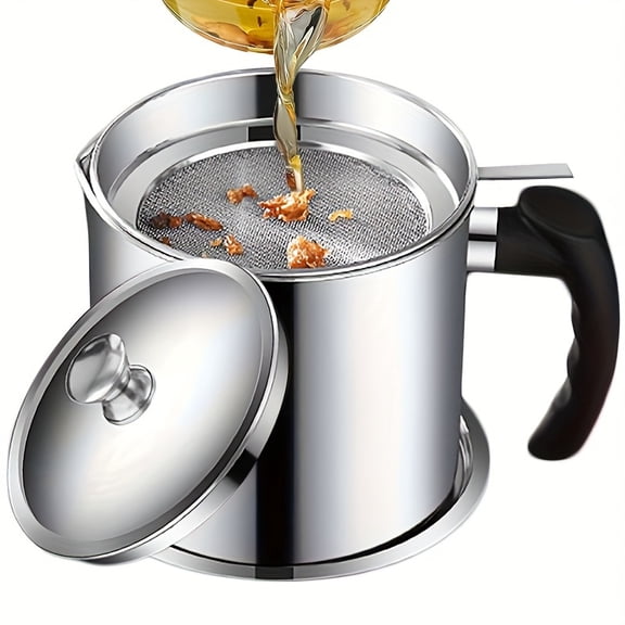 Stainless Steel 1400ml Handle Lid Tray Fine Mesh Filter Leak-Proof Grease Strainer Oil Storage Container