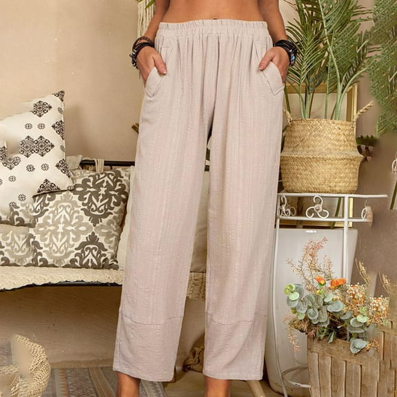 Womens Casual Solid Color Loose Pockets Elastic Waist Pants Long Trousers Women Casual Pants Suits Womens Casual Pants with Pockets Loose Fit Womens Casual Pants 24w Womens Pants Patterns Womens Work