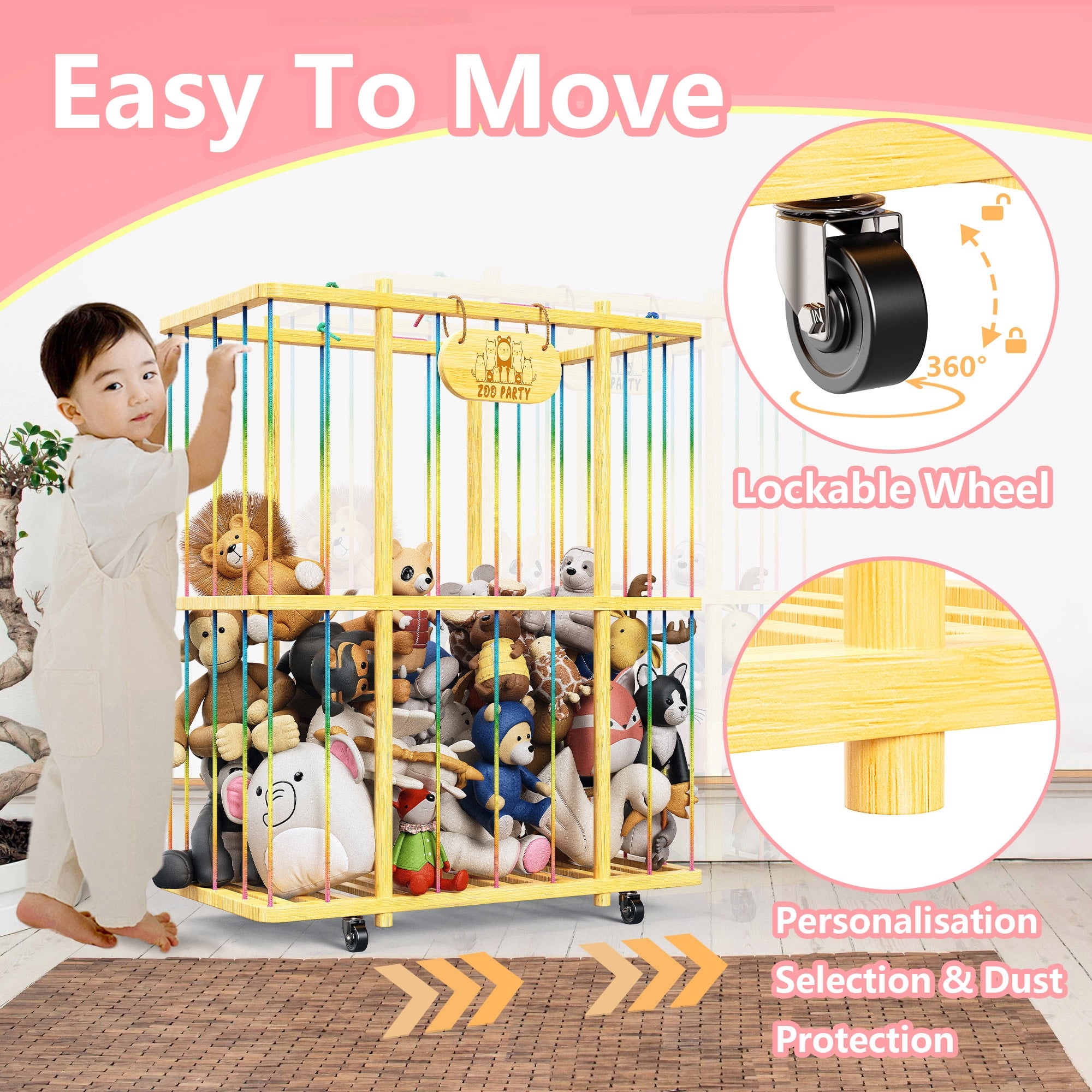 Large Stuffed Animal Zoo Storage Cage, Plush Toy Storage Organizer with Wheels, Bamboo Stuffed Animal Holder, Creative Stuffed Animal Storage for Nursery Playroom