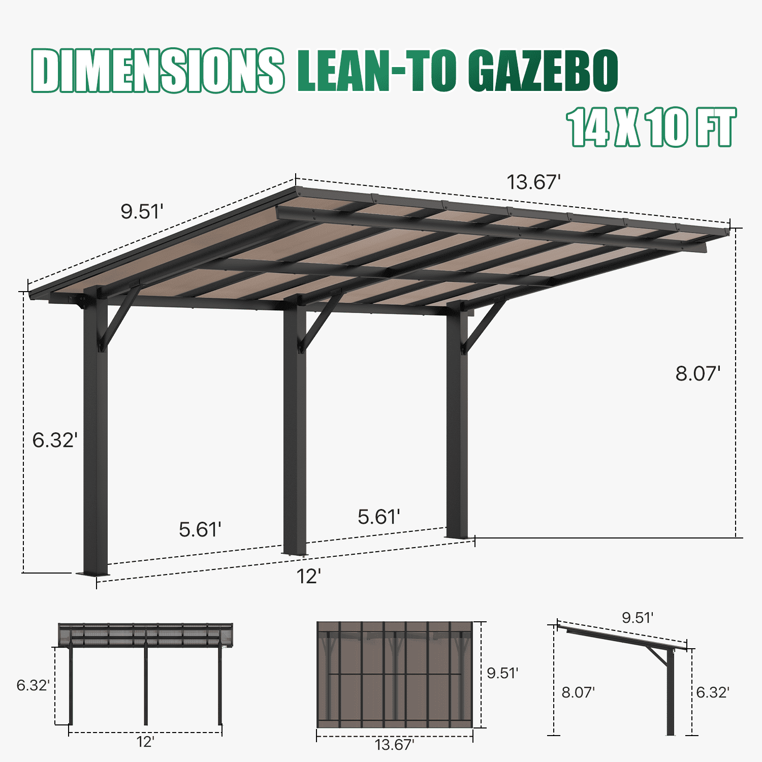 BaPiPro 14' x 10' Gazebo for Patio, Hard Top Lean to Gazebo Pergola Carport, Freestanding Shelter Pergolas and Gazebos Clearance with Patio Roof, Wall-Mounted Heavy Duty Awnings for Patio, Decks