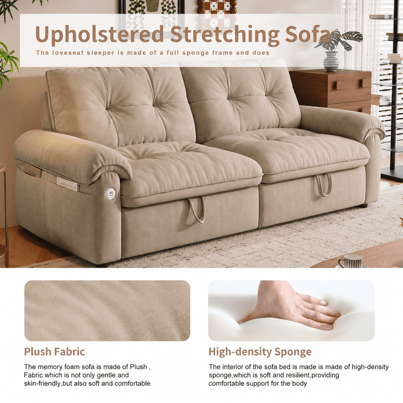 77.2" Convertible Sofa Bed, 2-in-1 Full Size Sleeper Sofa, Plush Upholstered Loveseat with USB Charging Ports & Side Pockets, Steel Frame Pull-Out Couch for Living Room, Bedroom, Apartment