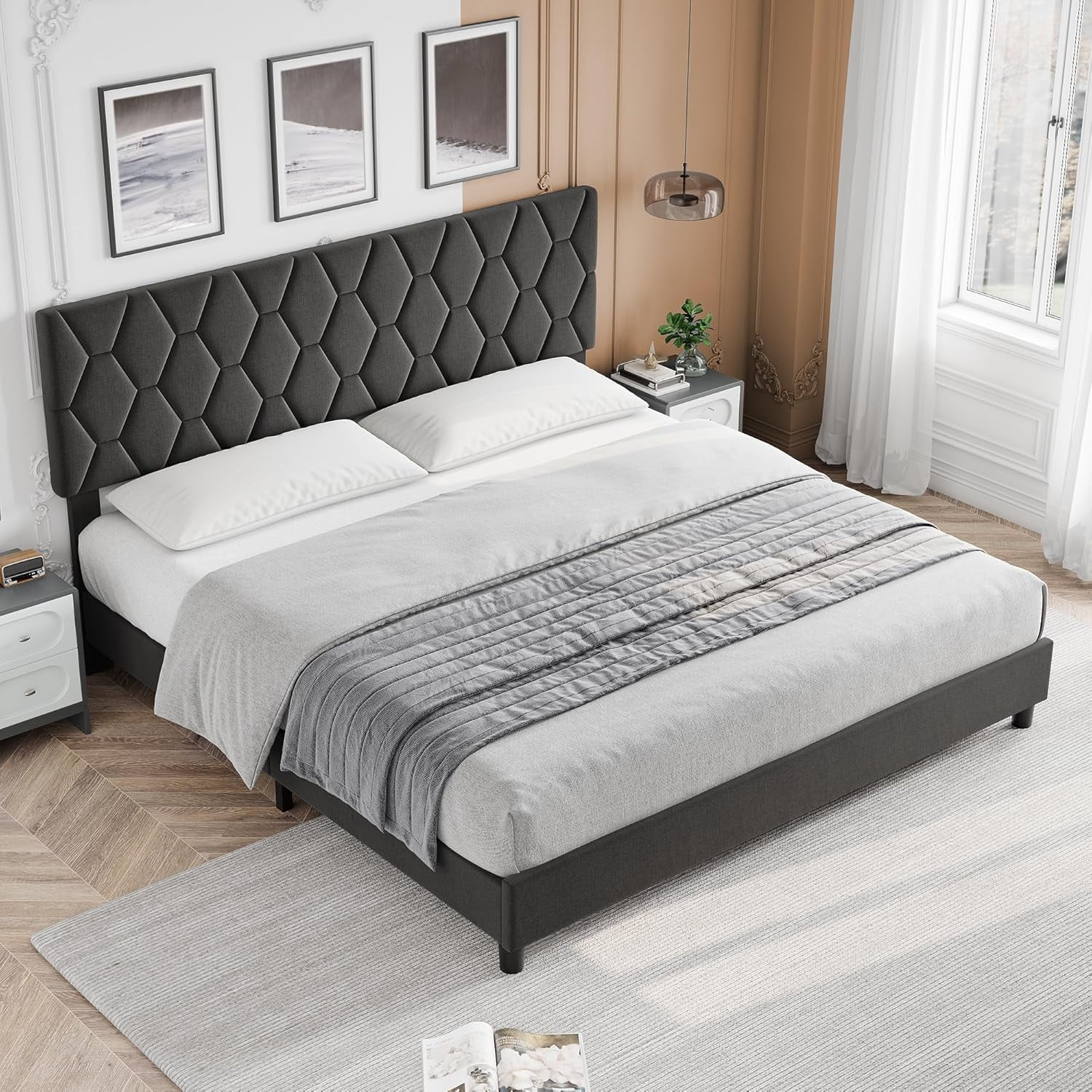 ChaoLink King Bed Frame Platform Bed Frame with Upholstered Headboard – Adjustable Fabric Bed Frame with Diamond Pattern, Soft Fabric, Wood Slat Support, Grey