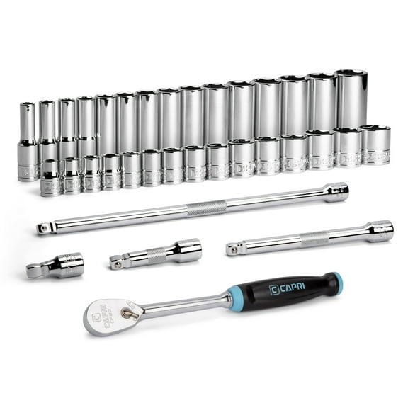 Capri Tools 3/8 in. Drive Master 6-Point Chrome Socket Set, 8 to 22 mm, with Extension and 90-Tooth Soft Grip Ratchet, 35-Piece, Metric