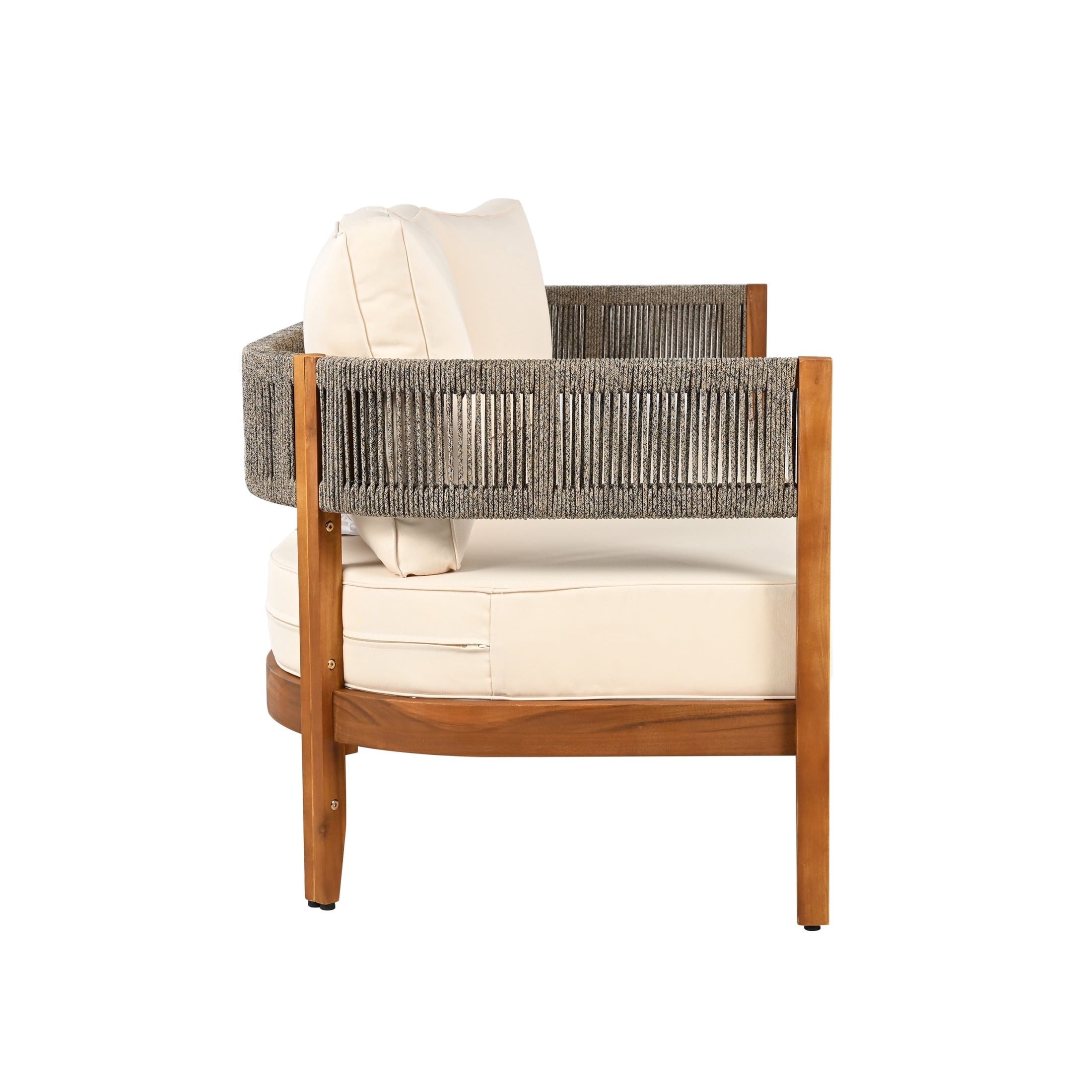 Christopher Knight Home Outdoor Acacia Wood 3-Seater Sofa with Woven Rope Accents and Beige Cushions, Teak