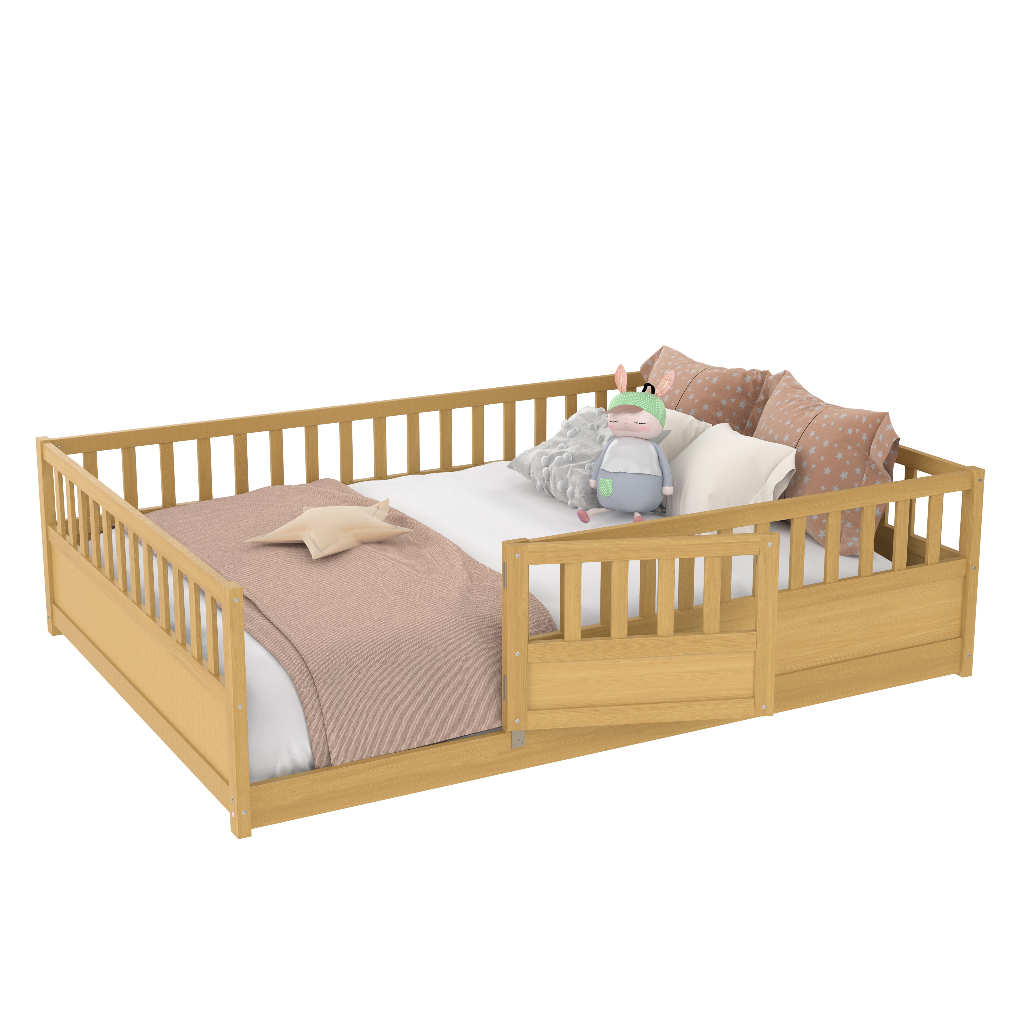Floor Bed, Low-Profile Bed Frame, Full Size Bed with High Safety Barrier, Door and Support Slats for Stability, Solid Pine Wood Construction, Natural Wood