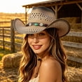 thumbnail image 2 of PMVFHDE Cowboy Hat for Men Women Wide Brim Straw Hat Roll Up Classic Western Cowgirl Fedora with Belt Strap Outdoor Travel Beach Sun Protection 2026, 2 of 4
