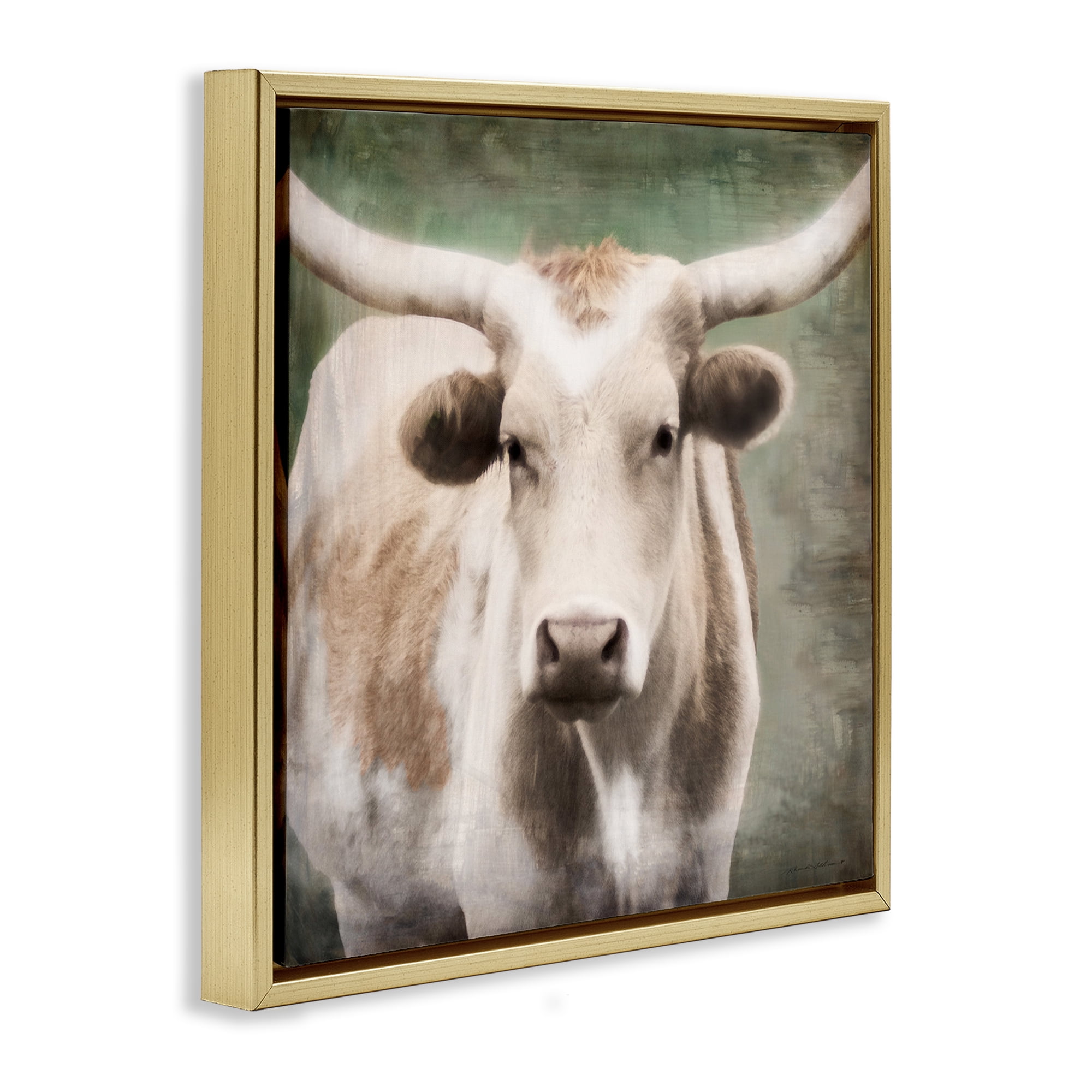 Stupell Industries Rustic Longhorn Cattle Animals & Insects Painting Gold Floater Framed Canvas Art Print Wall Art, 18 x 18
