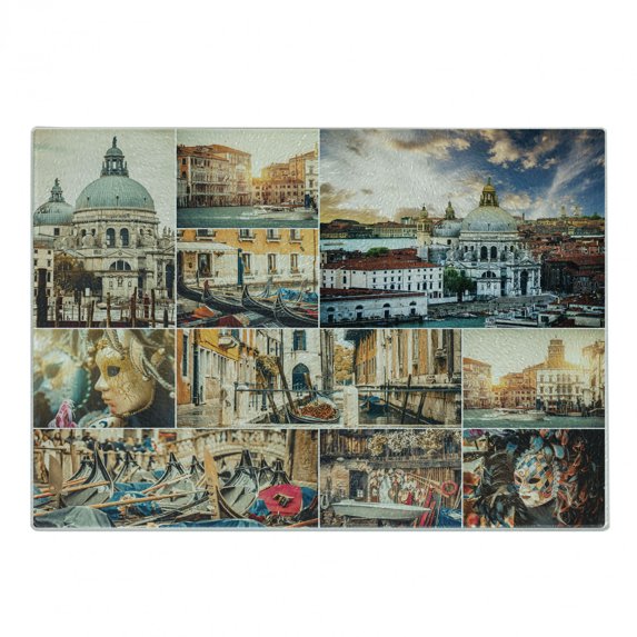 Travel Cutting Board, Collage of Various Views of Venice City with Canal Palace Travel Theme, Decorative Tempered Glass Cutting and Serving Board, in 3 Sizes, by Ambesonne