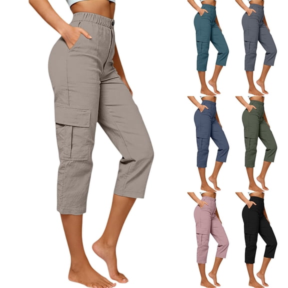 Women's Summer Casual High Waist Straight Leg Cropped Pants Elastic Loose Beach