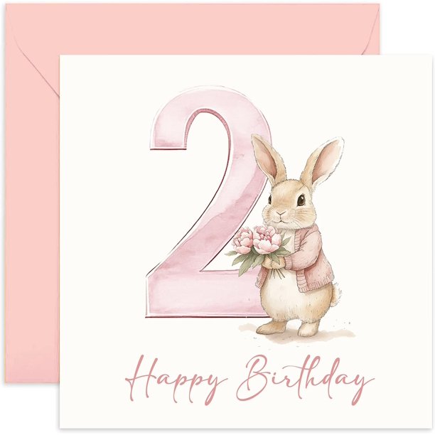 Tarjeta de felicitación de segundo cumpleaños para niña, diseño de conejito rosa
