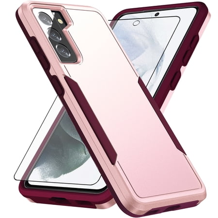 Compatible with Samsung Galaxy S21 FE 5G Phone Case Glass Screen Protector Hybrid Rugged Shockproof Hard Protective Drop Proof Full Body Heavy Duty Mobile Cell Cover for S 21 EF S21FE5G UW 21S Pink