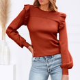 thumbnail image 2 of Suéteres de cuello alto para mujer, otoño e invierno, 2024, elegantes, informales, con mangas abullonadas y volantes, blusa elegante con cuello redondo, suéter ajustado de canalé, 2 of 5