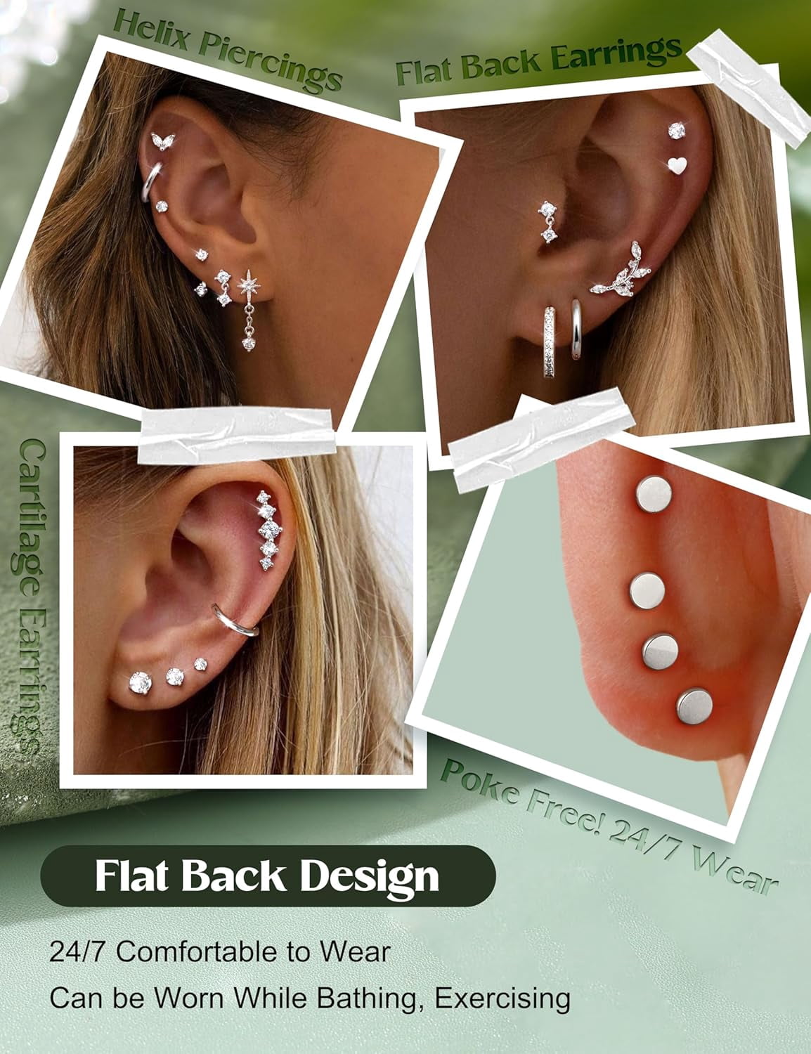 Hypoallergenic Flat Back Earrings-Cartilage Earring Stacks-Surgical Steel Earrings for Sensitive Ears - Small Stainless Steel Flatback Stud Hoop Earring Sets for Helix Tragus Conch Daith Multiple Pie