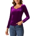 thumbnail image 1 of INSPIRAR CHIC Tops de terciopelo para mujeres, camiseta elegante de manga larga con escote corazón, XS, púrpura rojo, 1 of 6