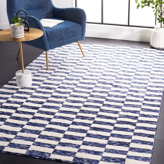 Safavieh Easy Care Tunisia Checkered Polyester Machine Washable Area Rug, Navy/Ivory, 5' x 8'