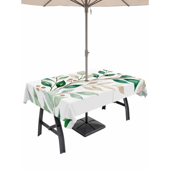 Outdoor Tablecloth with Umbrella Hole for Patio/Picnic/Party/Camping, Spring Botanical Waterproof Table Cloth Rectangle Table Cover Washable, Pastoral Leaves Berry Summer Branch (60"x 102")