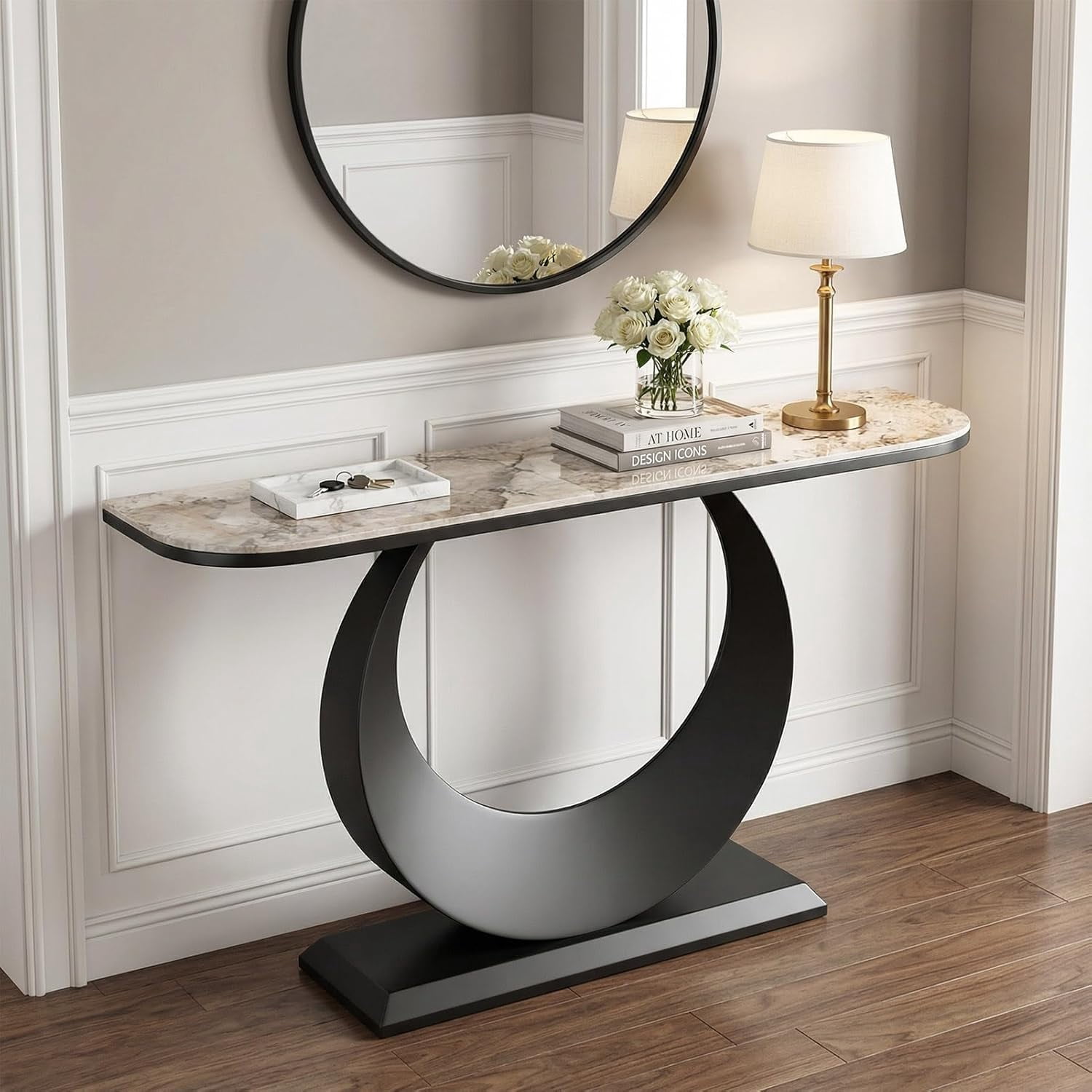 Modern Faux Marble Console Table Luxury Entryway Table with Sculptural Metal Base, Narrow Sofa Table Behind Couch for Living Room, Hallway, Foyer