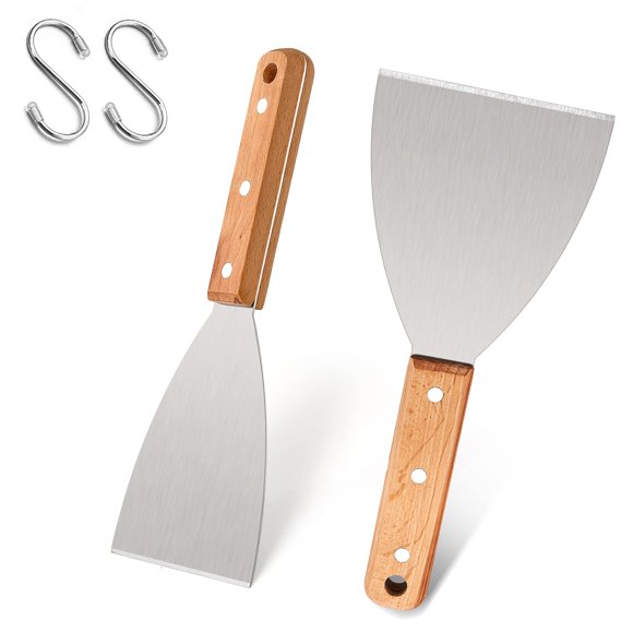 Leonyo Grill Griddle Scraper Set of 2, Stainless Steel Metal Flat Top Grill Scraper Tool for Dough Pancake Pizza Home Baking Cooki
